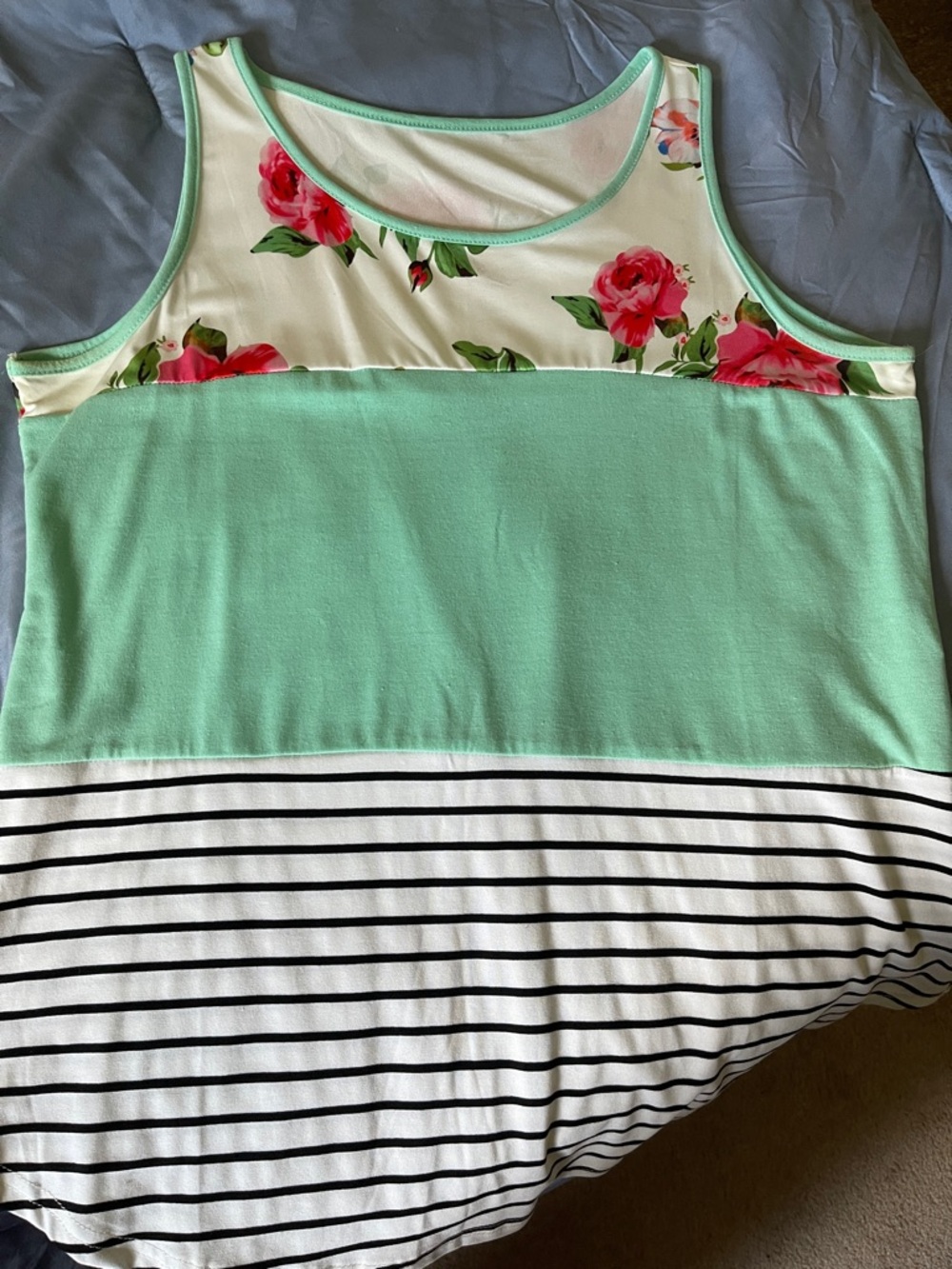 SHEIN Mint Green Floral & White Striped Tank Top